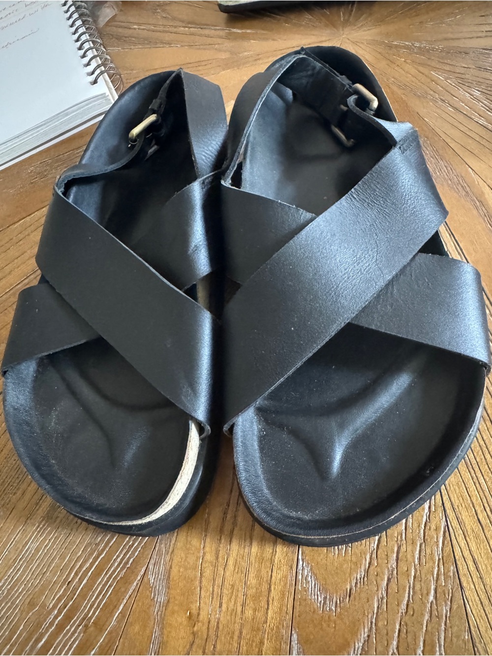 Black Leather Crisscross Strap Sandals - Size 8W
